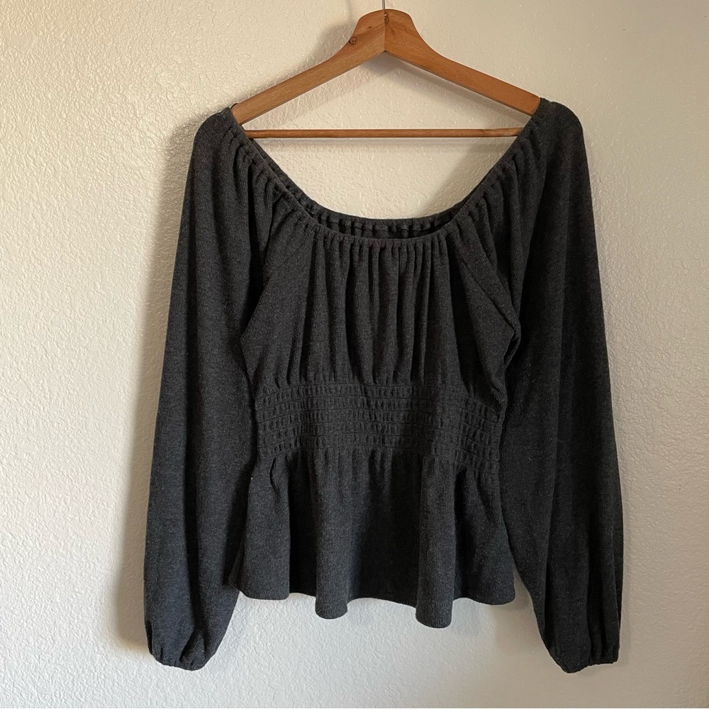 Madewell Square Neck Plush Smocked Top Long Sleeve Dark Grey Gypsy Soft Peplum